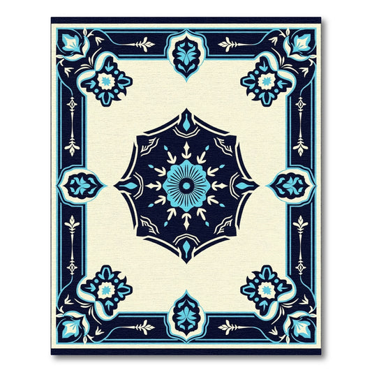Navy Blue Floral Medallion Cream Rug