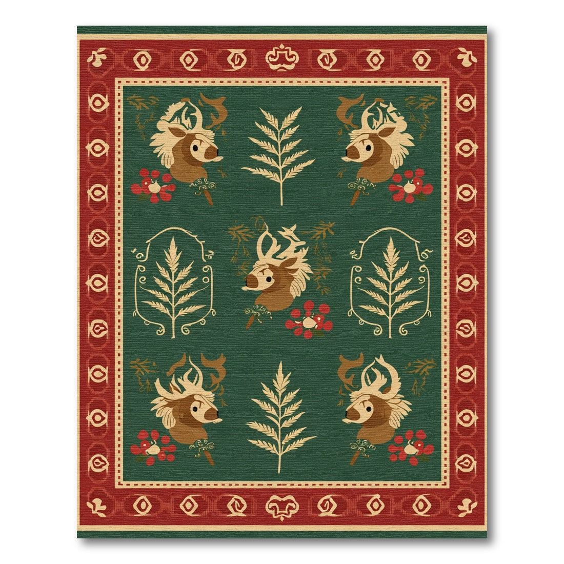 Forest Deer Floral Red Border Rug