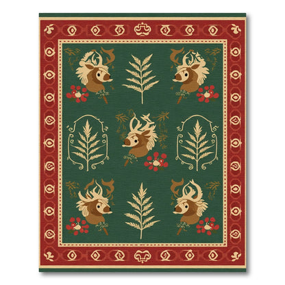 Forest Deer Floral Red Border Rug