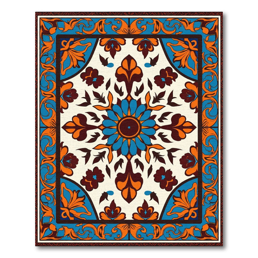 Vibrant Blue Orange Floral Mandala Rug