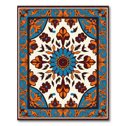 Vibrant Blue Orange Floral Mandala Rug