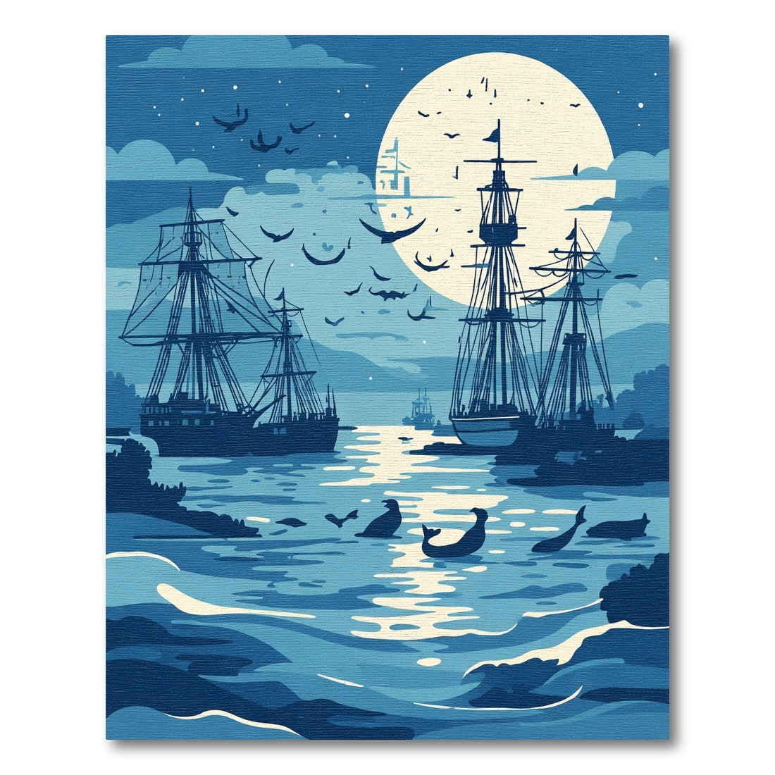 Deep Blue Nautical Tall Ship Moonscape Rug