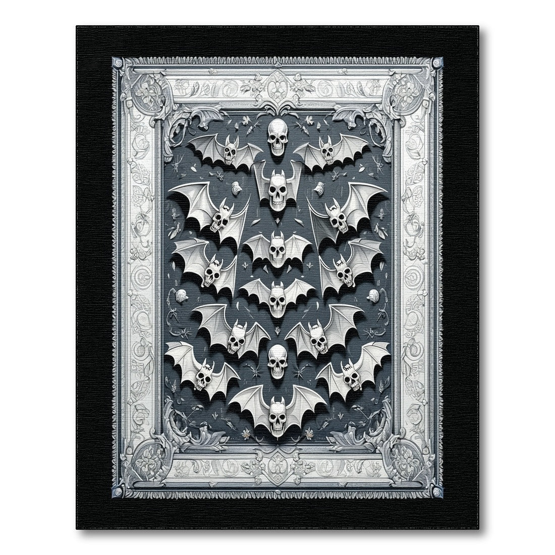 Black and White Gothic Skull Bat Black White Area Rug