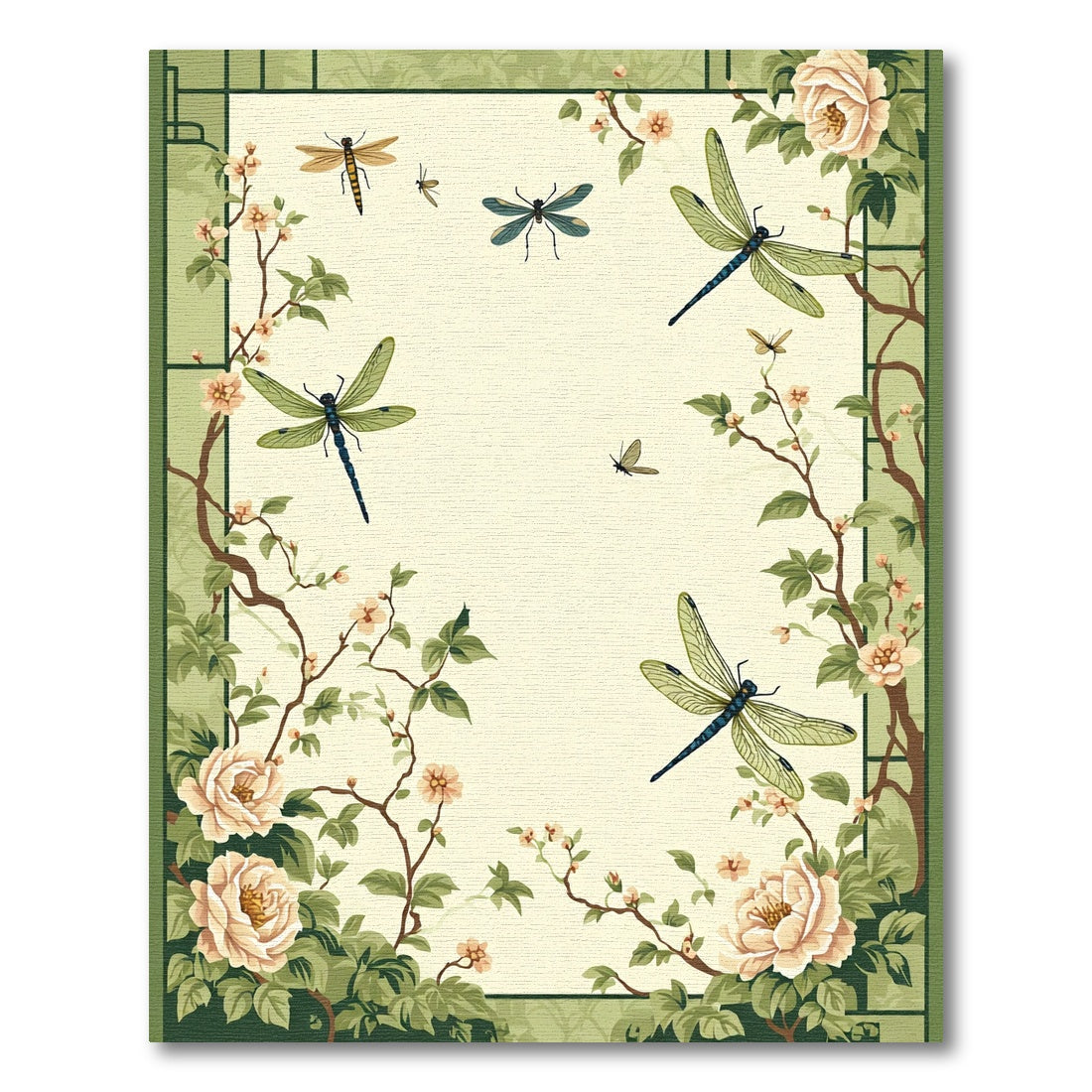 Creamy White Dragonflies Floral Branches Rug