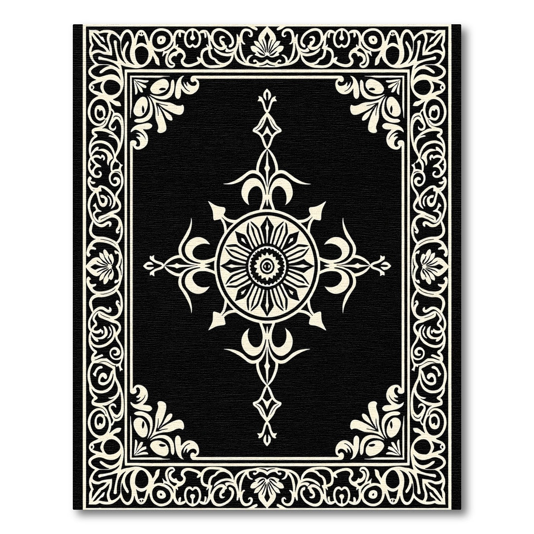 Black Cream Floral Medallion Frame Rug