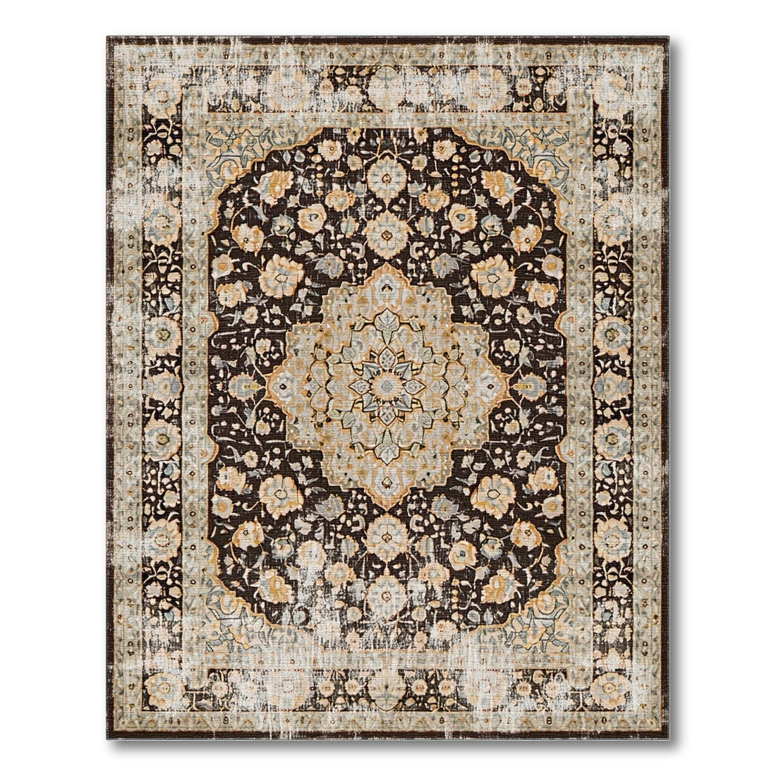 Beige Floral Medallion Distressed Area Rug
