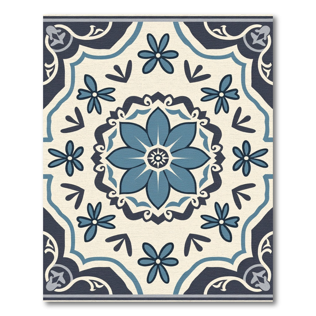 Navy Blue Floral Medallion Tile Rug