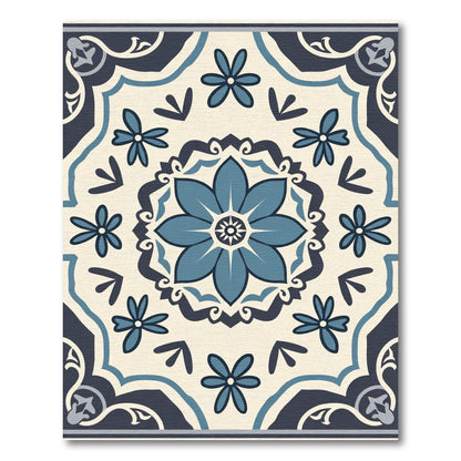 Navy Blue Floral Medallion Tile Rug