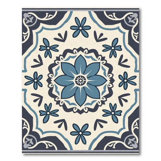Navy Blue Floral Medallion Tile Rug