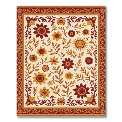 Rustic Scarlet Golden Floral Sunburst Rug