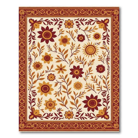 Rustic Scarlet Golden Floral Sunburst Rug