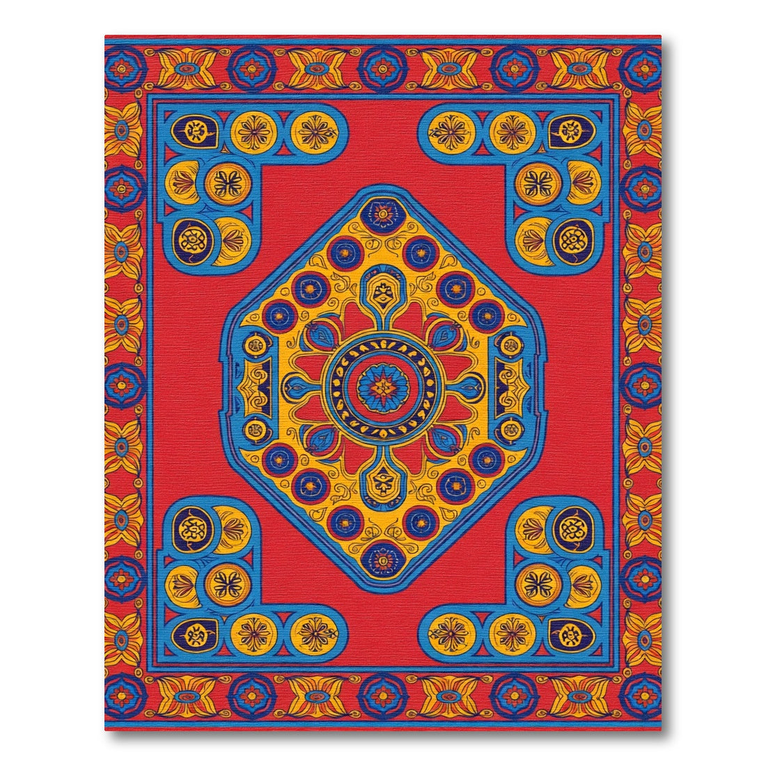 Crimson Blue Yellow Medallion Border Rug
