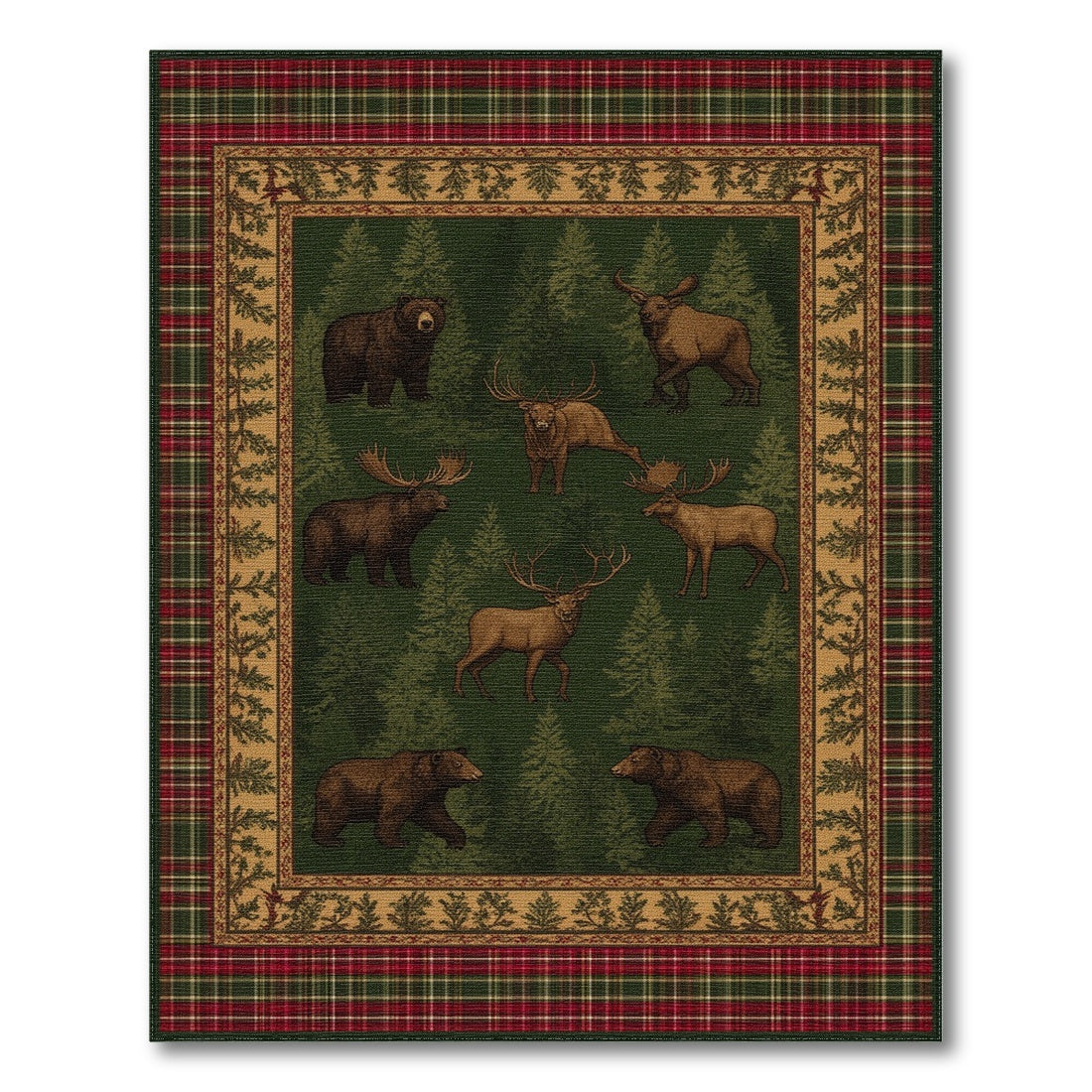 Rustic Bear Moose Forest Plaid Area Rug