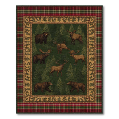 Rustic Bear Moose Forest Plaid Area Rug