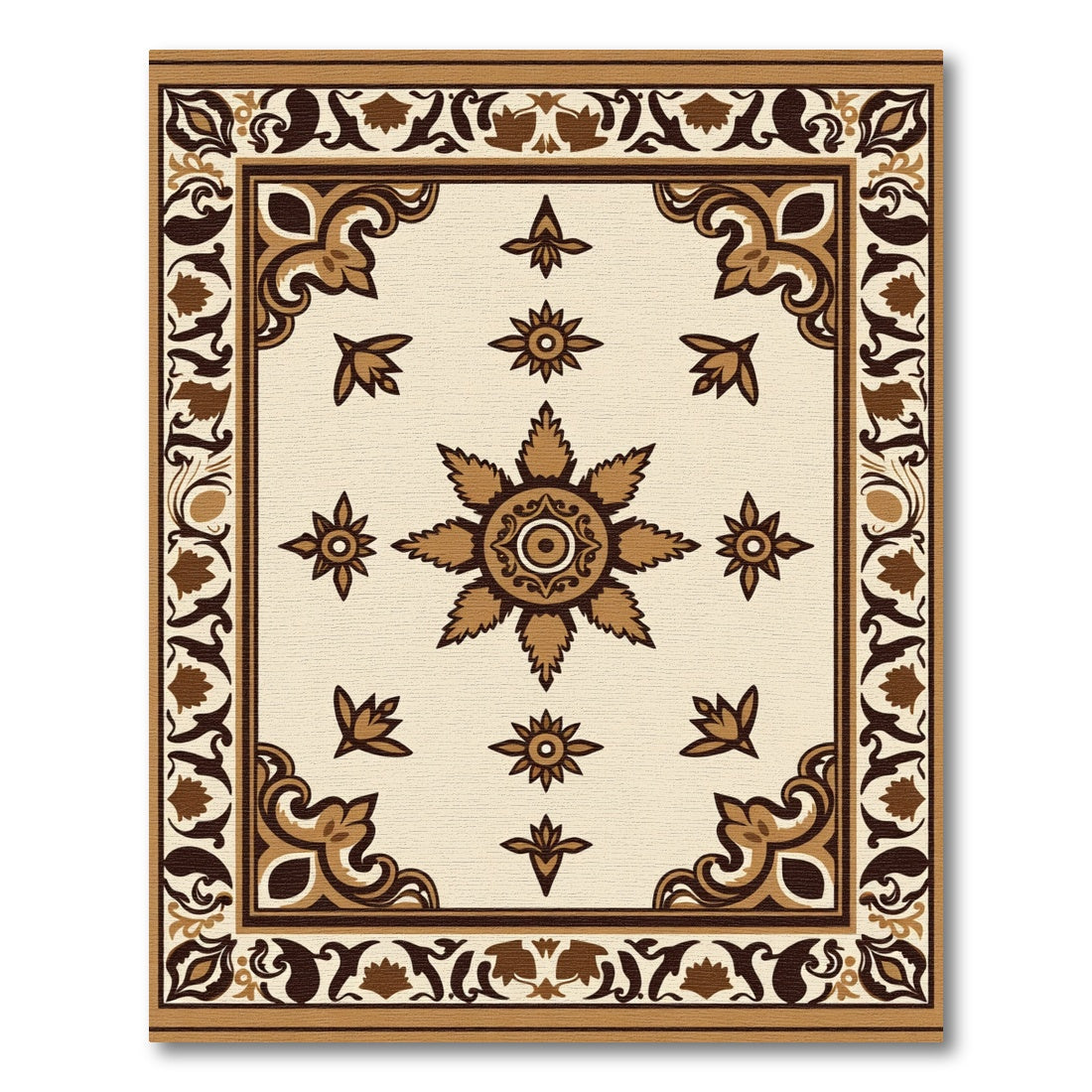 Cream Brown Floral Medallion Border Rug