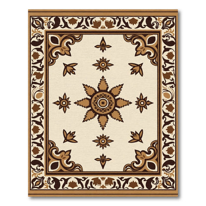 Cream Brown Floral Medallion Border Rug