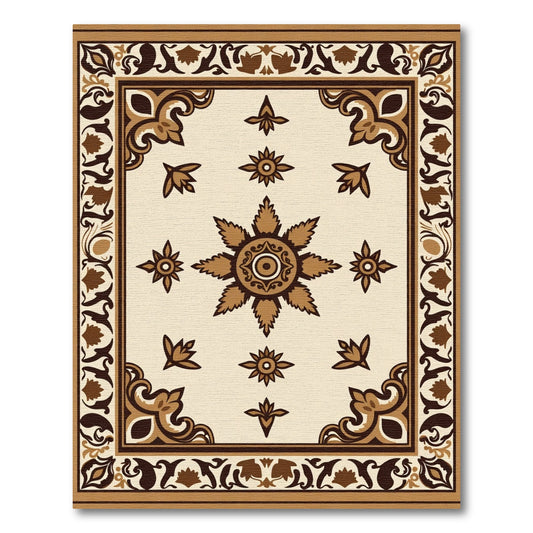 Cream Brown Floral Medallion Border Rug