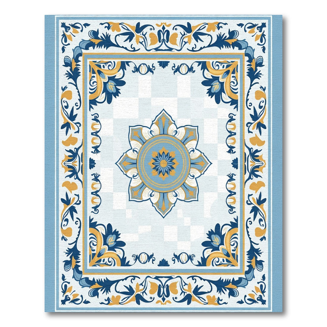 Blue Golden Floral Medallion Border Rug