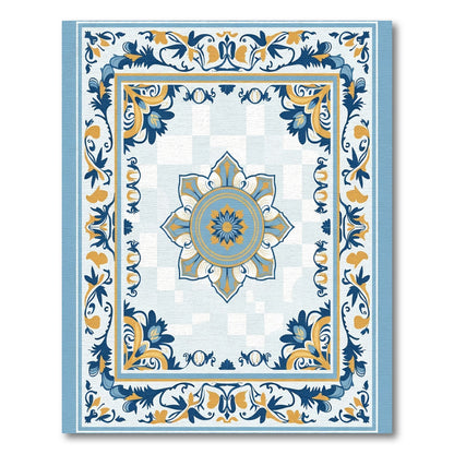 Blue Golden Floral Medallion Border Rug