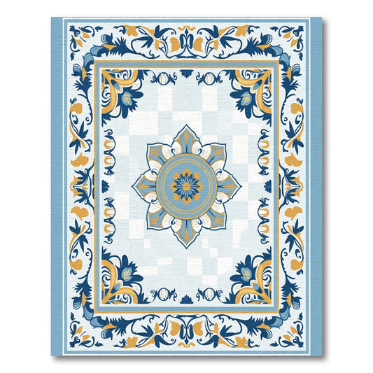 Blue Golden Floral Medallion Border Rug