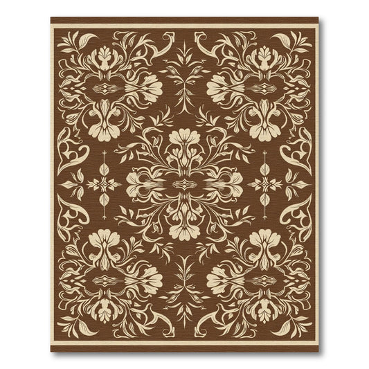 Brown Cream Floral Damask Scroll Rug