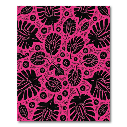 Vibrant Pink Black Floral Leaf Composition Rug