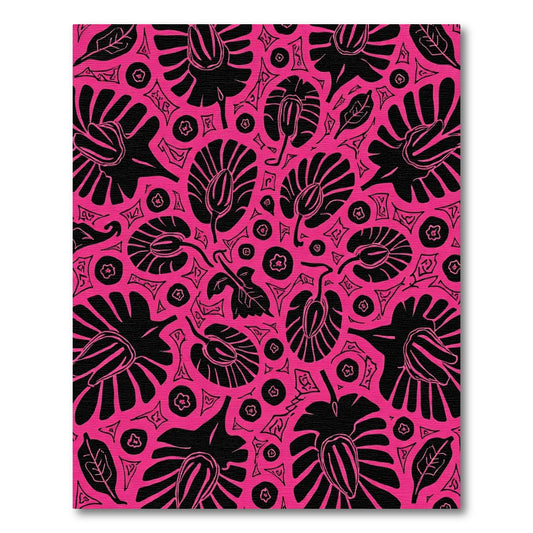 Vibrant Pink Black Floral Leaf Composition Rug