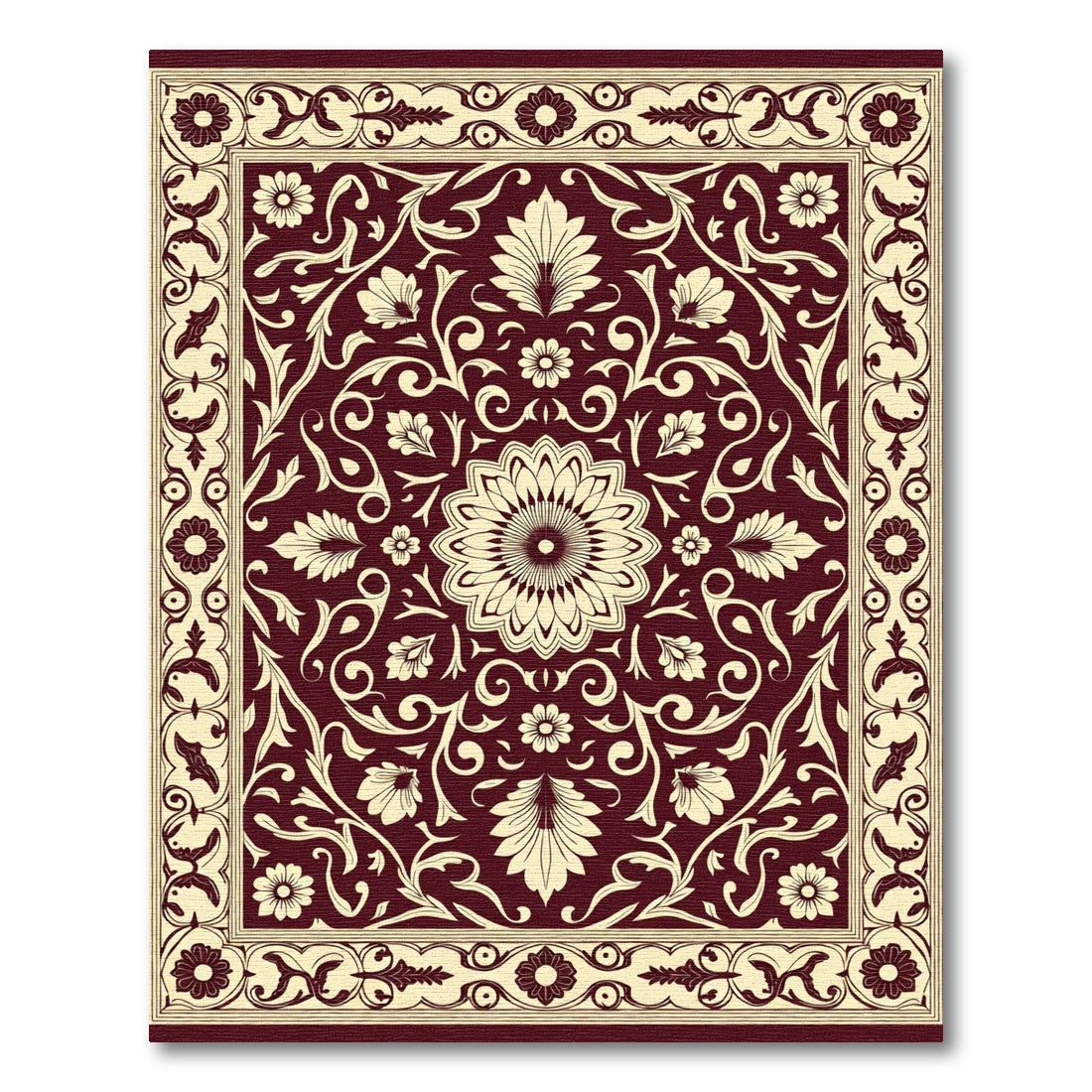 Crimson Floral Leaf Scroll Medallion Rug
