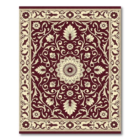 Crimson Floral Leaf Scroll Medallion Rug