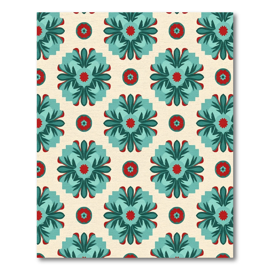Teal Red Floral Medallion Pattern Rug