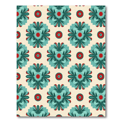 Teal Red Floral Medallion Pattern Rug