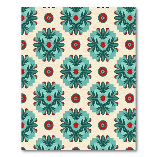 Teal Red Floral Medallion Pattern Rug