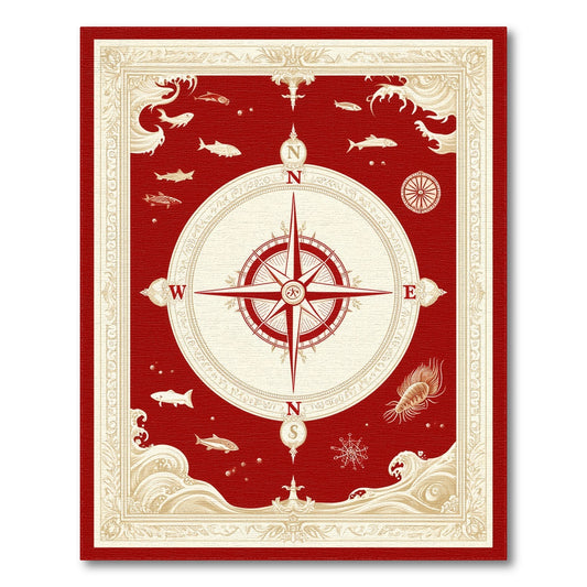 Coastal Beach Red Nautical Compass Washable Area Rug