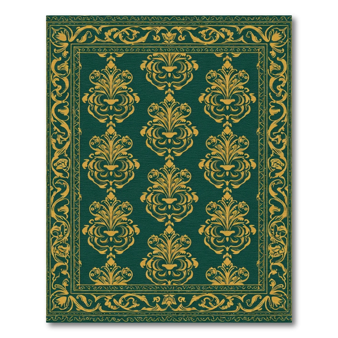 Emerald Gold Damask Scroll Border Rug