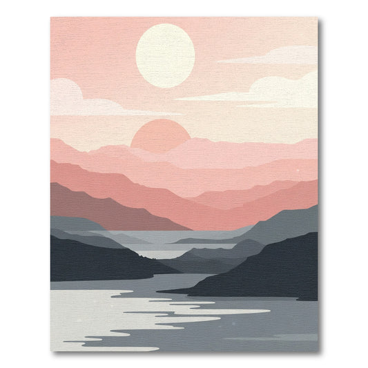 Soft Pink Mountain River Sunset Rug