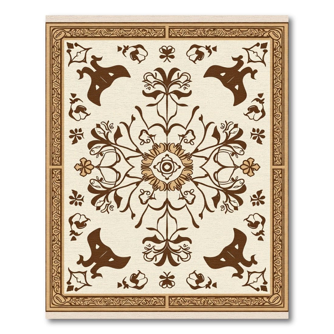 Brown Floral Medallion Cream Border Rug