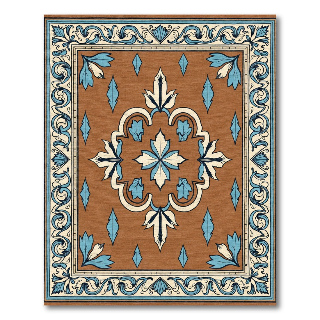 Brown Blue Ivory Floral Medallion Border Rug