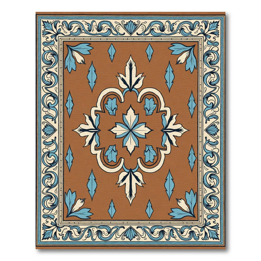 Brown Blue Ivory Floral Medallion Border Rug