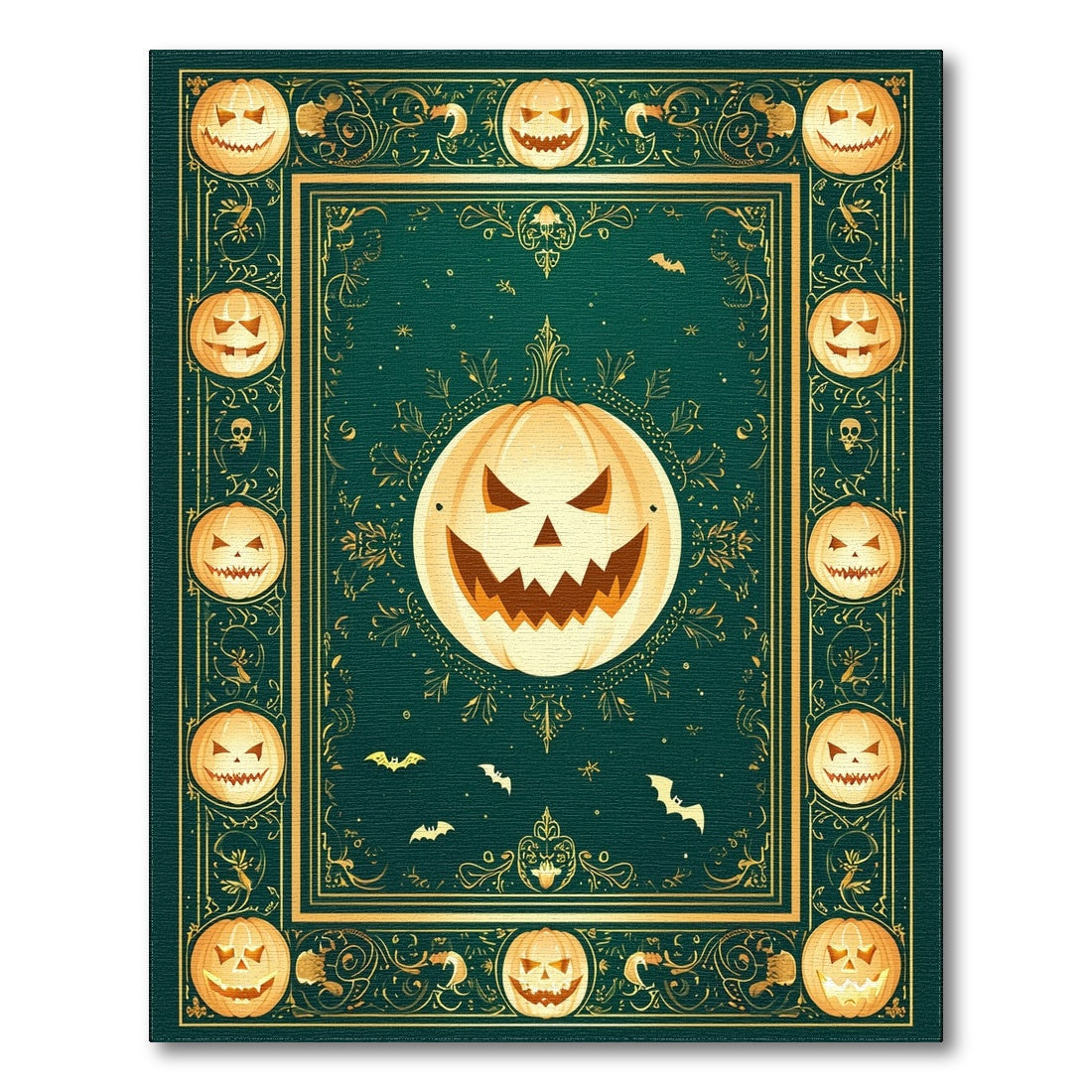 Green Halloween Pumpkin Area Rug with Gold Border