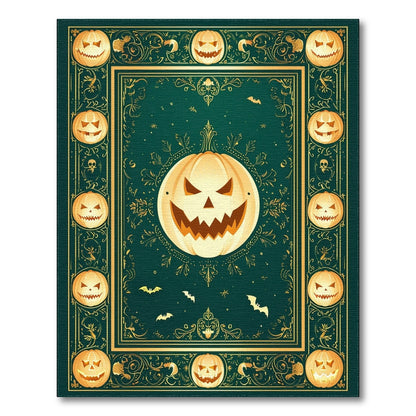 Green Halloween Pumpkin Area Rug with Gold Border
