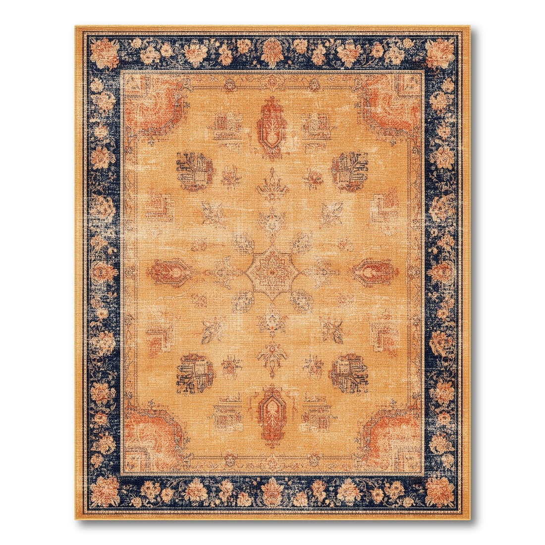 Beige Distressed Vintage Area Rug with Navy Border