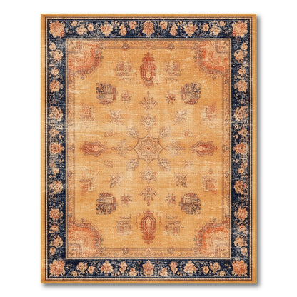 Beige Distressed Vintage Area Rug with Navy Border