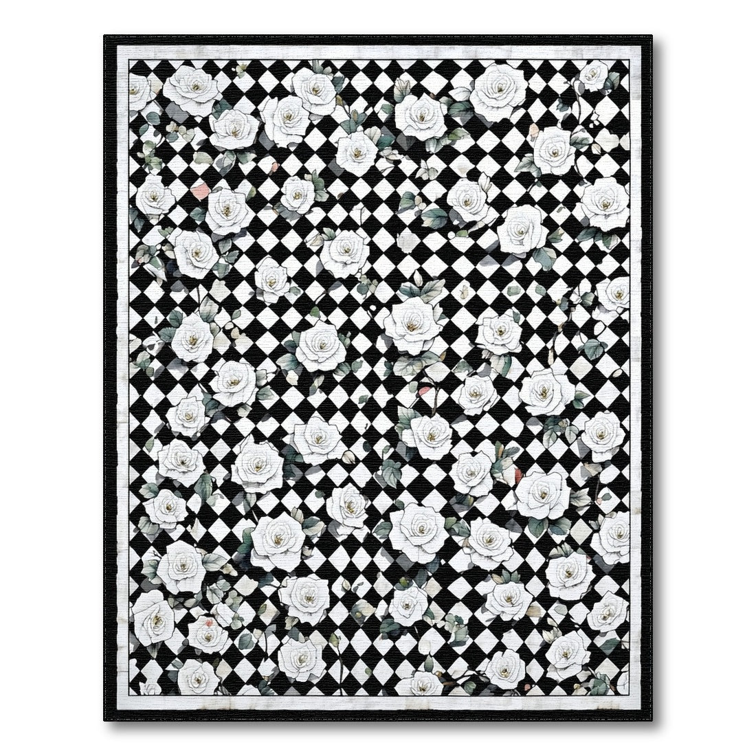 Black and White Black White Rose Checkered Area Rug