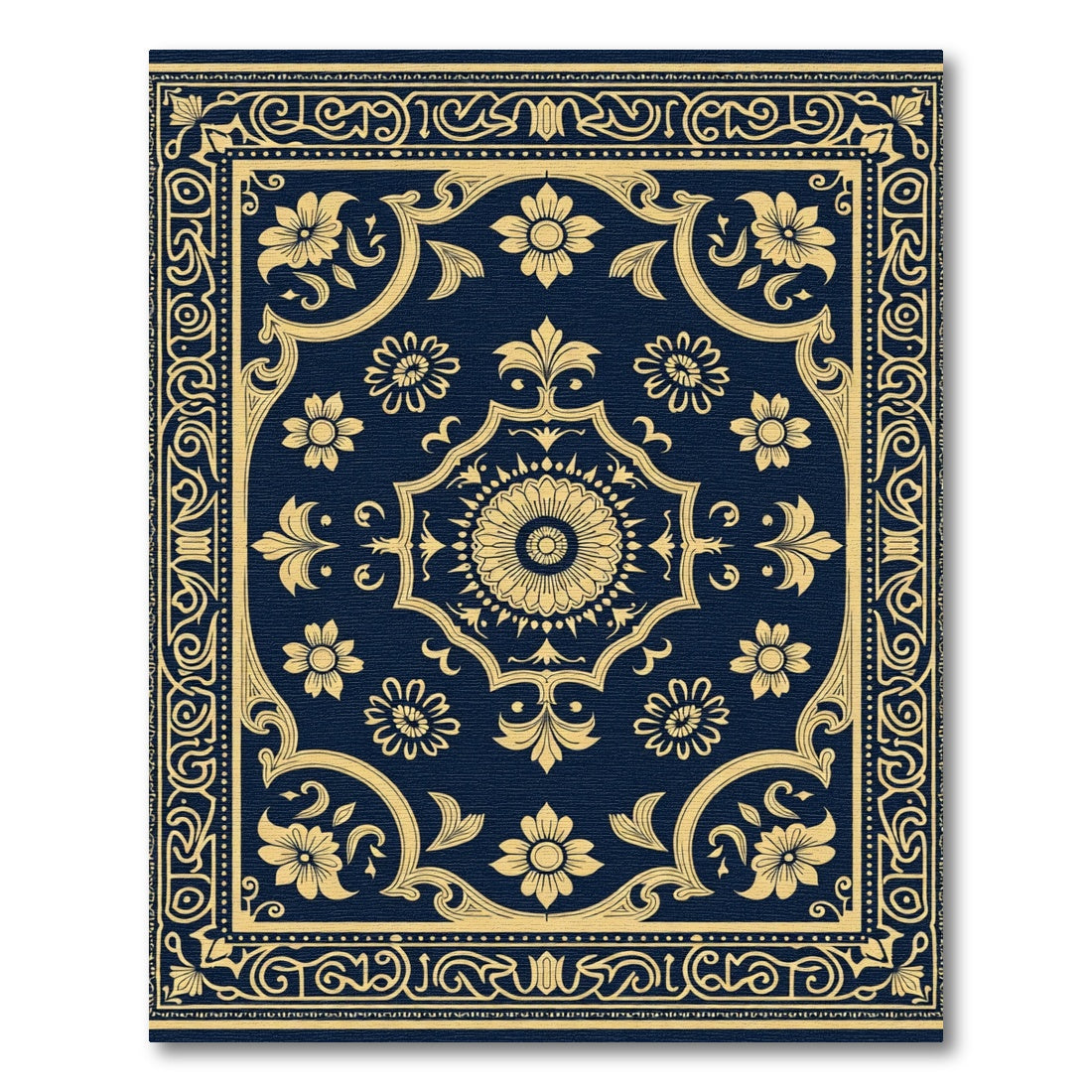 Navy Gold Floral Medallion Border Rug