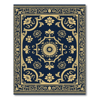 Navy Gold Floral Medallion Border Rug