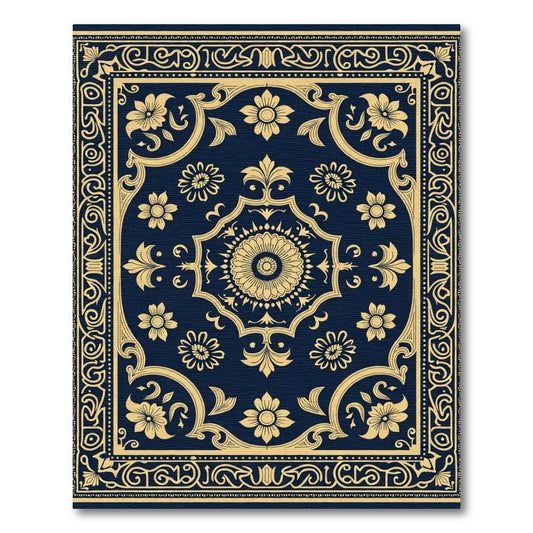 Navy Gold Floral Medallion Border Rug