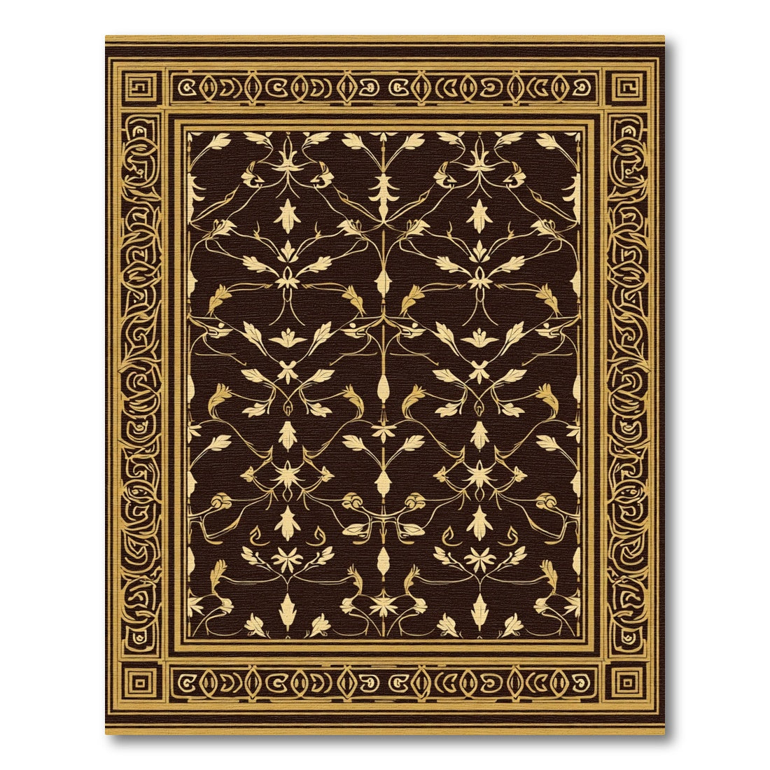 Dark Brown Golden Floral Vine Border Rug