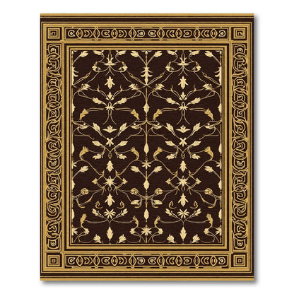 Dark Brown Golden Floral Vine Border Rug