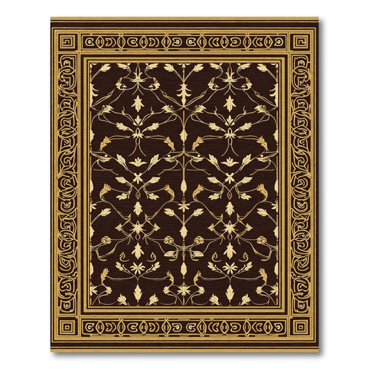 Dark Brown Golden Floral Vine Border Rug