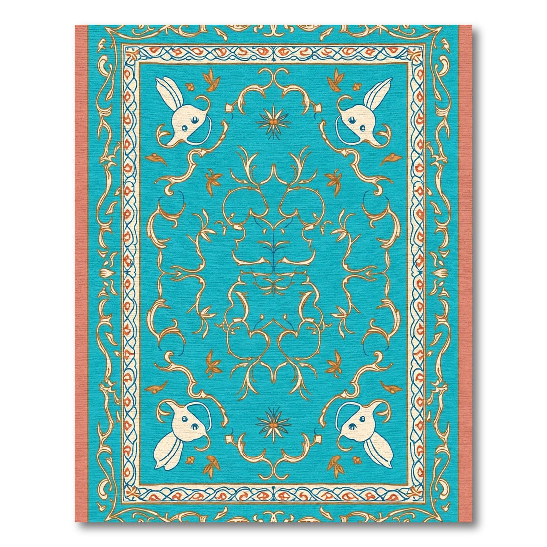 Turquoise Gold Floral Bird Medallion Rug